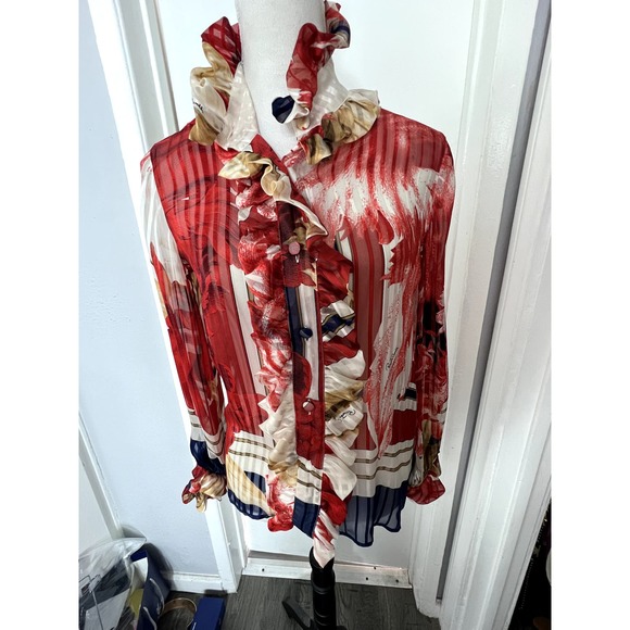 NWT Vintage '06 Roberto Cavalli Silk red blue Mousseline Ruffled Blouse Sz S - Picture 3 of 13
